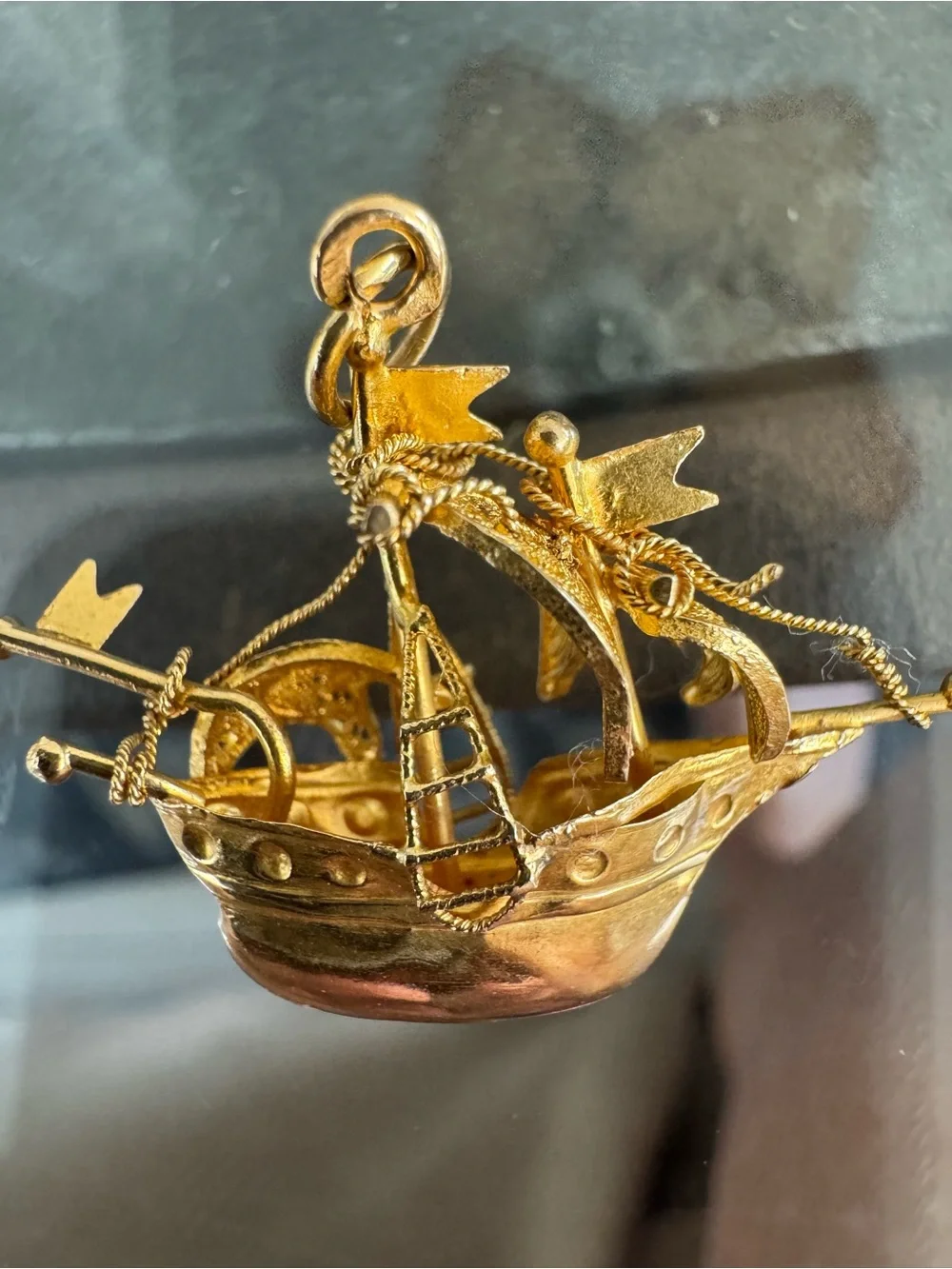 14k stamped acid tested Gold-Tone Ornate Filigree Boat Pendant Necklace Charm